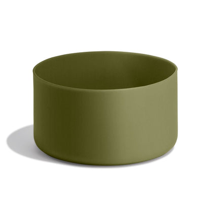Olive-green cylindrical Hydro Flask container with smooth matte sides, wide open top, and rounded bottom edges. Minimalist modern design.
