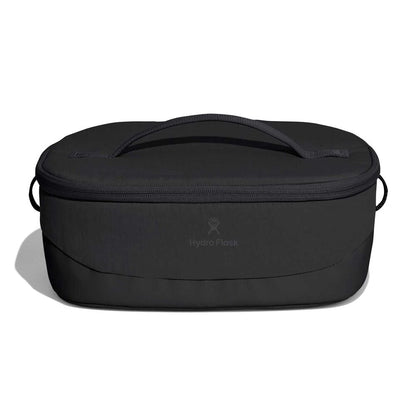 Black Hydro Flask soft-sided insulated lunch bag with oval shape, zippered lid, sturdy top handle, small side loops, reinforced bottom, and subtle logo.