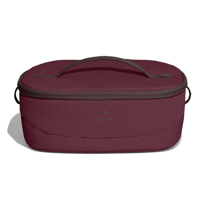 Maroon Hydro Flask oval insulated lunch bag with dark gray zip-around top, matching carry handle, small side loops, and subtle logo on the side.