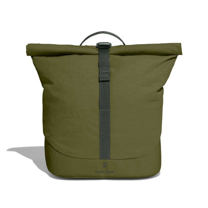 Olive-green Hydro Flask roll-top backpack with central webbing strap and buckle, sturdy bottom panel, small top handle, and logo near front base.