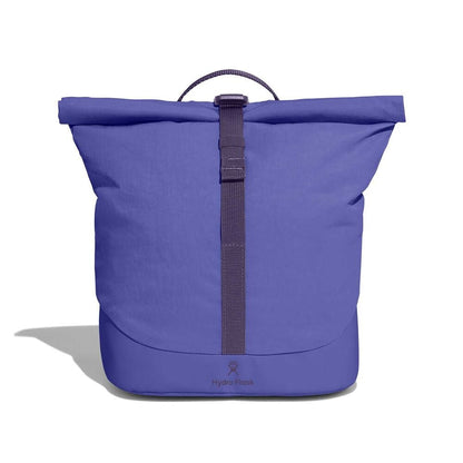 Purple Hydro Flask roll-top backpack with central webbing strap and buckle, rounded base, small carrying loop at top, and logo near bottom front.