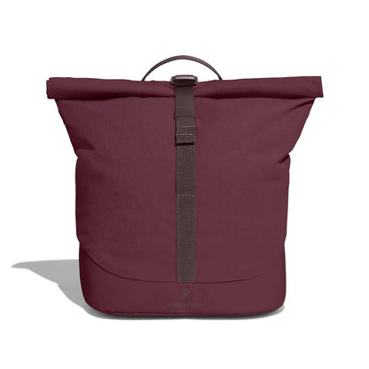 Maroon Hydro Flask roll-top tote with fabric handle, long central strap with buckle, reinforced darker bottom, durable water-resistant material, and logo near base.
