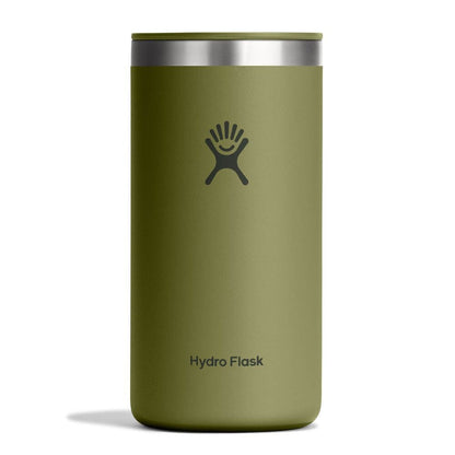 Olive-green Hydro Flask insulated tumbler with matte finish, stainless-steel rim, matching green sip lid, and Hydro Flask logo on front. Slightly tapered cylindrical shape.