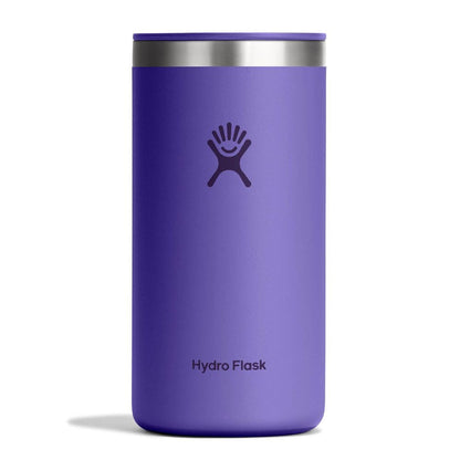 Purple Hydro Flask tumbler with stainless steel rim, matching purple sip lid, matte textured finish, and Hydro Flask logo on front. Clean cylindrical design.