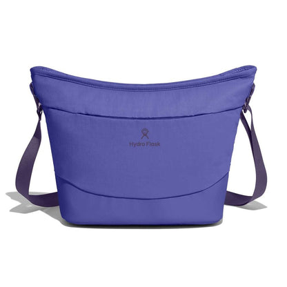 Purple Hydro Flask insulated cooler bag with curved wide top, structured bottom, adjustable shoulder strap on both sides, and logo in a darker shade on front.