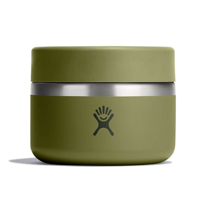 Small olive-green Hydro Flask insulated container with rounded squat shape, brushed metal band in the middle, and Hydro Flask logo on front. Matte powder-coated finish.