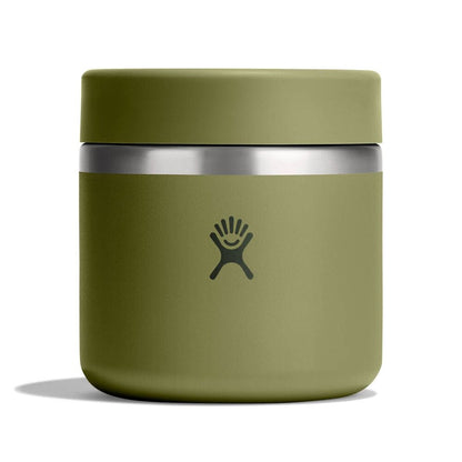 Small olive-green Hydro Flask insulated food container with cylindrical shape, wide screw-on lid, brushed metal band at top, and Hydro Flask logo on front.