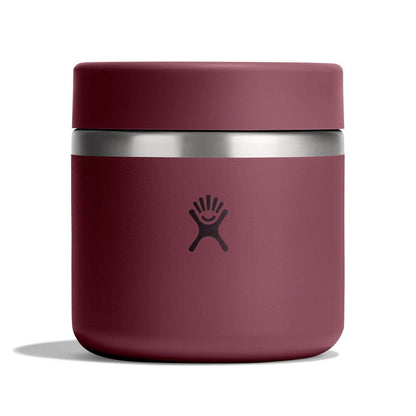 Maroon Hydro Flask cylindrical insulated food jar with matte finish, wide flat screw-on lid, brushed stainless-steel band on upper body, and Hydro Flask logo on front.