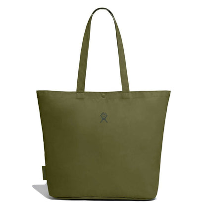 Olive-green Hydro Flask tote bag with long shoulder straps, snap button closure. Hydro Flask logo on front, water-resistant fabric, and tapered bottom shape.