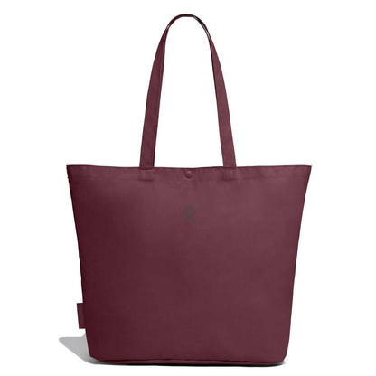 Large burgundy Hydro Flask tote bag with two long shoulder straps, snap-button closure, subtle hand logo on front, and smooth durable fabric. Tapered toward the bottom.