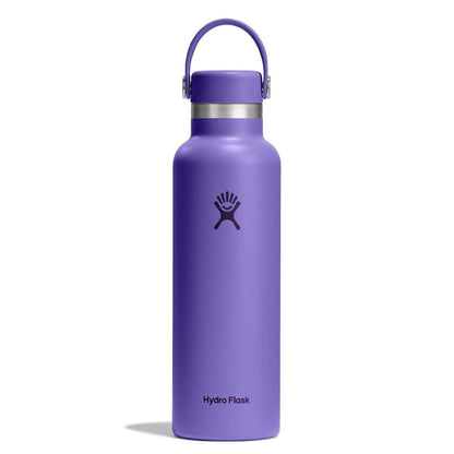 Purple Hydro Flask wide-mouth water bottle with stainless steel band below cap, matching purple flex strap handle, matte textured finish, and logo on front.