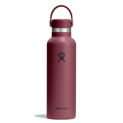 Maroon Hydro Flask water bottle with matte finish, wide mouth, stainless-steel neck band, matching cap with carry handle on metal pivots, and logo on front.