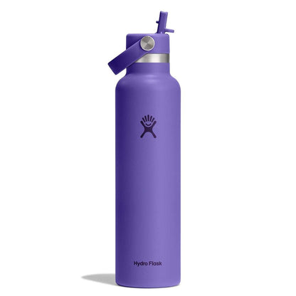 Purple Hydro Flask water bottle with sturdy handle on lid, stainless-steel accent ring, powder-coated finish, and Hydro Flask logo on front. Insulated design.