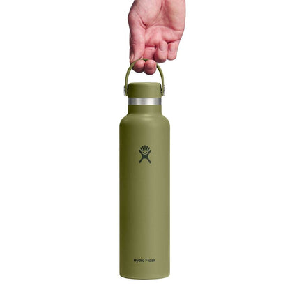 Olive green Hydro Flask wide-mouth water bottle with matte finish, stainless steel band, flexible carry handle with metal rivets, and Hydro Flask logo on front.