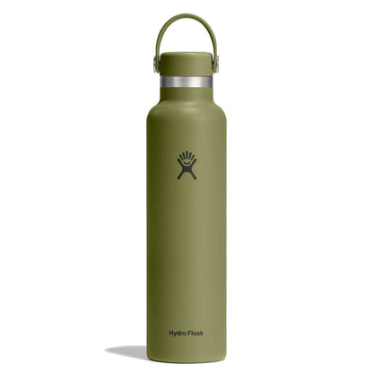 Olive green Hydro Flask wide-mouth water bottle with matte finish, stainless steel band, flexible carry handle with metal rivets, and Hydro Flask logo on front.