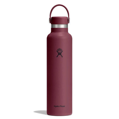 Maroon Hydro Flask wide-mouth water bottle with silver metallic band, matching cap with flexible carry handle on metal pins, matte surface, and Hydro Flask logo.