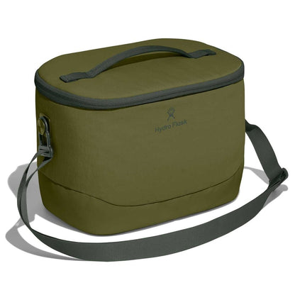 Olive-green Hydro Flask soft-sided cooler with rounded rectangular shape, zippered lid, sturdy top carry handle, and long adjustable shoulder strap with plastic hardware.