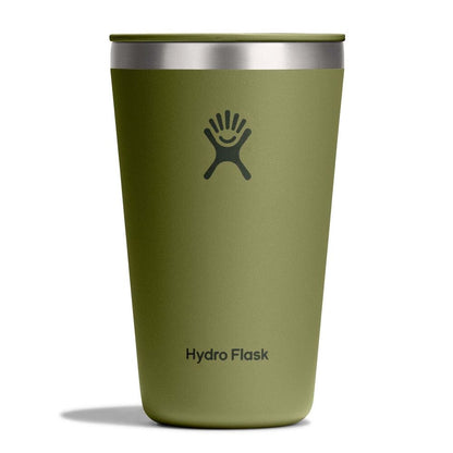 Olive-green Hydro Flask insulated tumbler with lid, stainless-steel rim, small sip opening, matte finish, and Hydro Flask logo on front. Modern design.