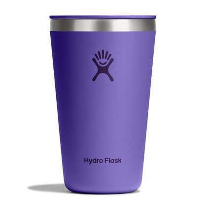 Purple Hydro Flask insulated tumbler with matching lid, brushed stainless steel rim, small sip opening, matte finish, and Hydro Flask logo on front.