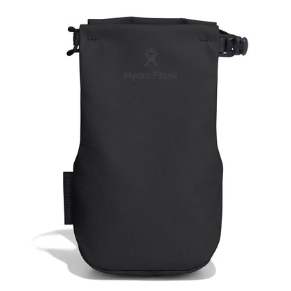 Black Hydro Flask accessory pouch with roll-top closure, side-release buckle, small loop, water-resistant material, logo on front, and "Tumbler Pocket" side tab.